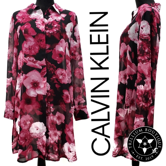 Calvin Klein Dresses & Skirts - Calvin Klein Floral Sheer Shirt Dress Medium